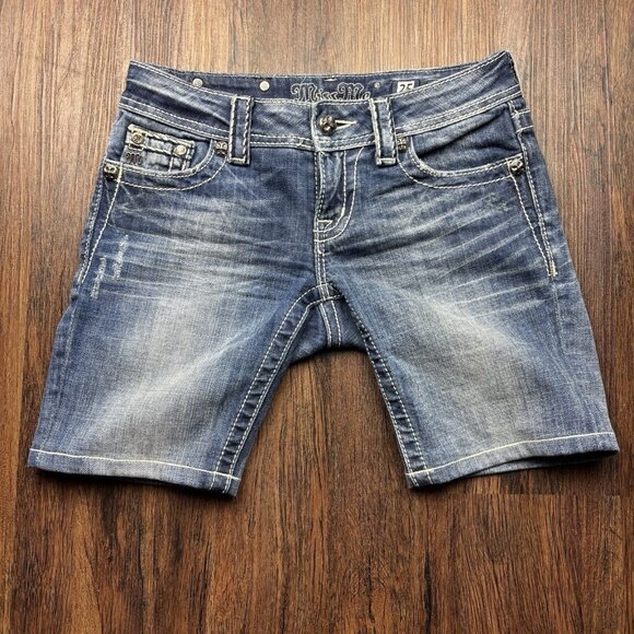 Miss Me Bermuda Jean Shorts Sequins Distressed Medium Wash Size 25 - Picture 1 of 11